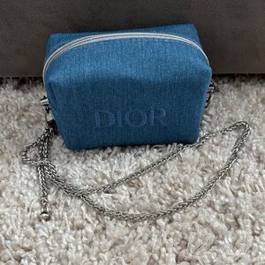 New Dior Denim Blue Crossbody Cosmetic Bag with silver chain GWP